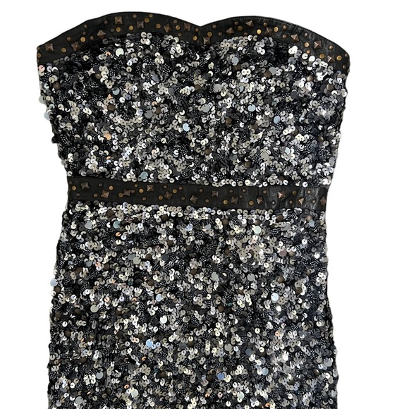 New Free People Gunmetal Black & Grey Sequins & Leather Strapless Mini Dress - Picture 9 of 15